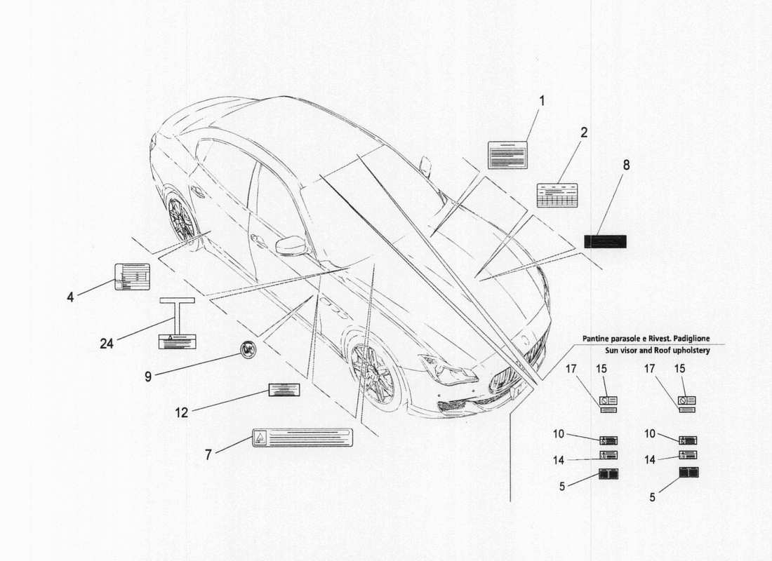 maserati qtp. v6 3.0 bt 410bhp 2wd 2017 diagramma delle parti di adesivi ed etichette