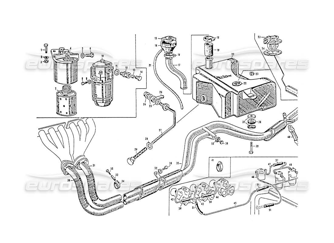 maserati 3500 gt exhaust manifold and fuel tent part diagram