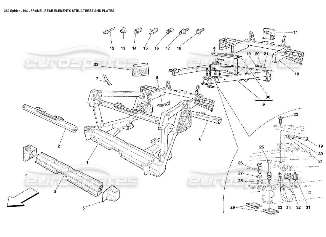 ferrari 360 spider schema delle parti del telaio: strutture e piastre degli elementi posteriori