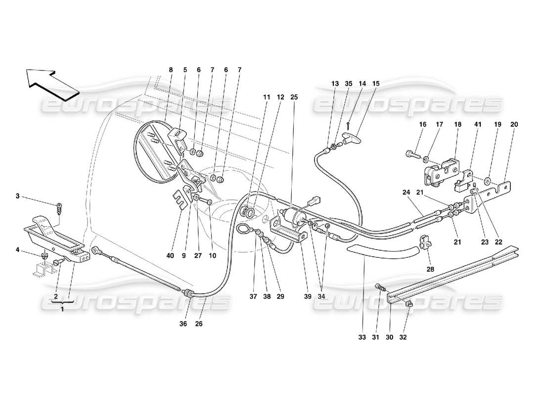 ferrari 355 (5.2 motronic) schema delle parti dei dispositivi di apertura del cofano posteriore e della porta del gas