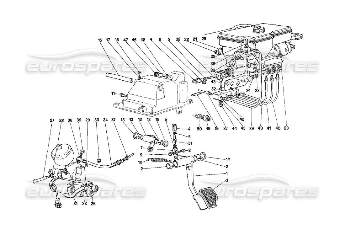 ferrari 208 turbo (1989) schema delle parti dell'impianto idraulico della frizione (per auto con sistema antiscivolo).