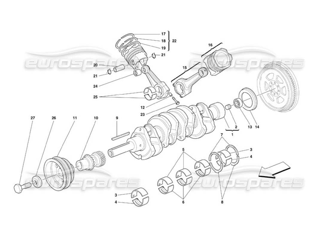 ferrari 360 challenge (2000) albero motore - schema delle parti di bielle e pistoni