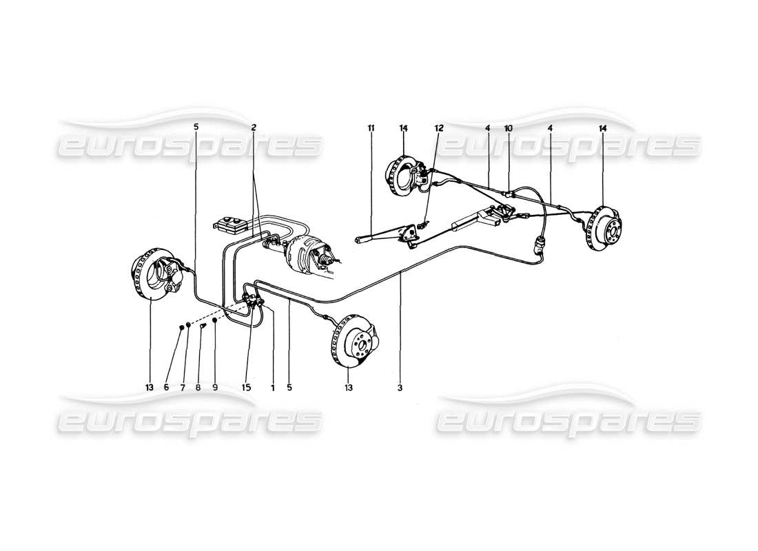 ferrari 246 dino (1975) schema delle parti dell'impianto frenante idraulico su ruote (varianti per versioni usa).