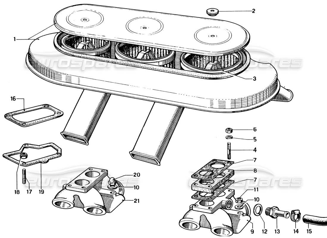 ferrari 330 gtc coupe diagramma delle parti del filtro dell'aria e dei collettori