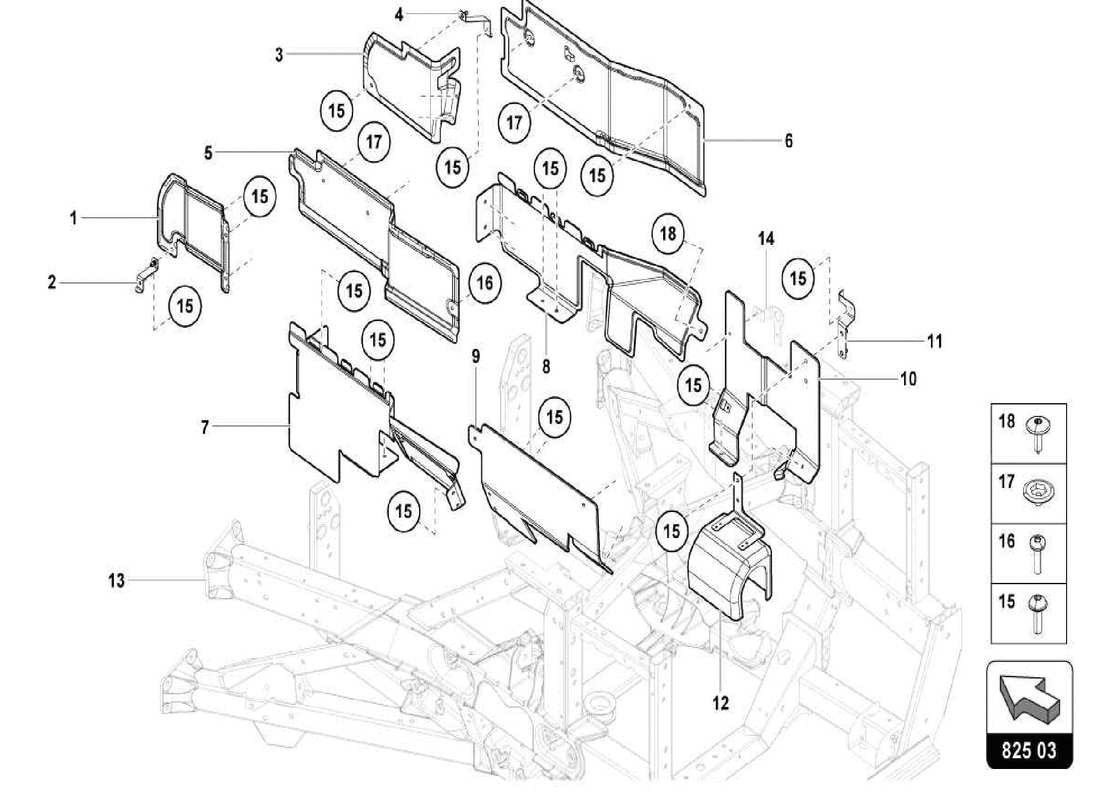 lamborghini centenario spider pannelli del pavimento del telaio: diagramma delle parti dello scudo termico