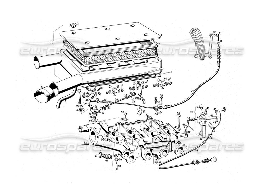 maserati qtp.v8 4.9 (s3) 1979 schema delle parti del collettore di aspirazione dell'aria e dell'alloggiamento