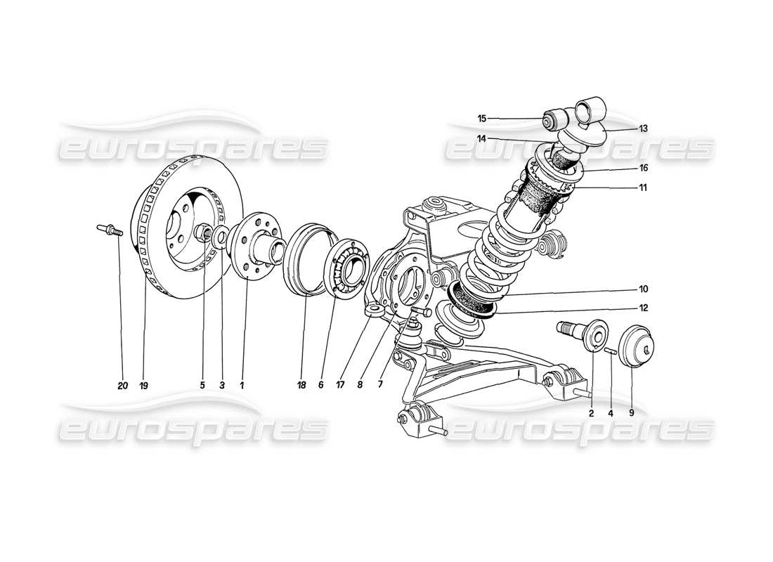 ferrari 208 turbo (1989) sospensione anteriore: schema delle parti dell'ammortizzatore e del disco del freno (fino all'auto n. 76625).
