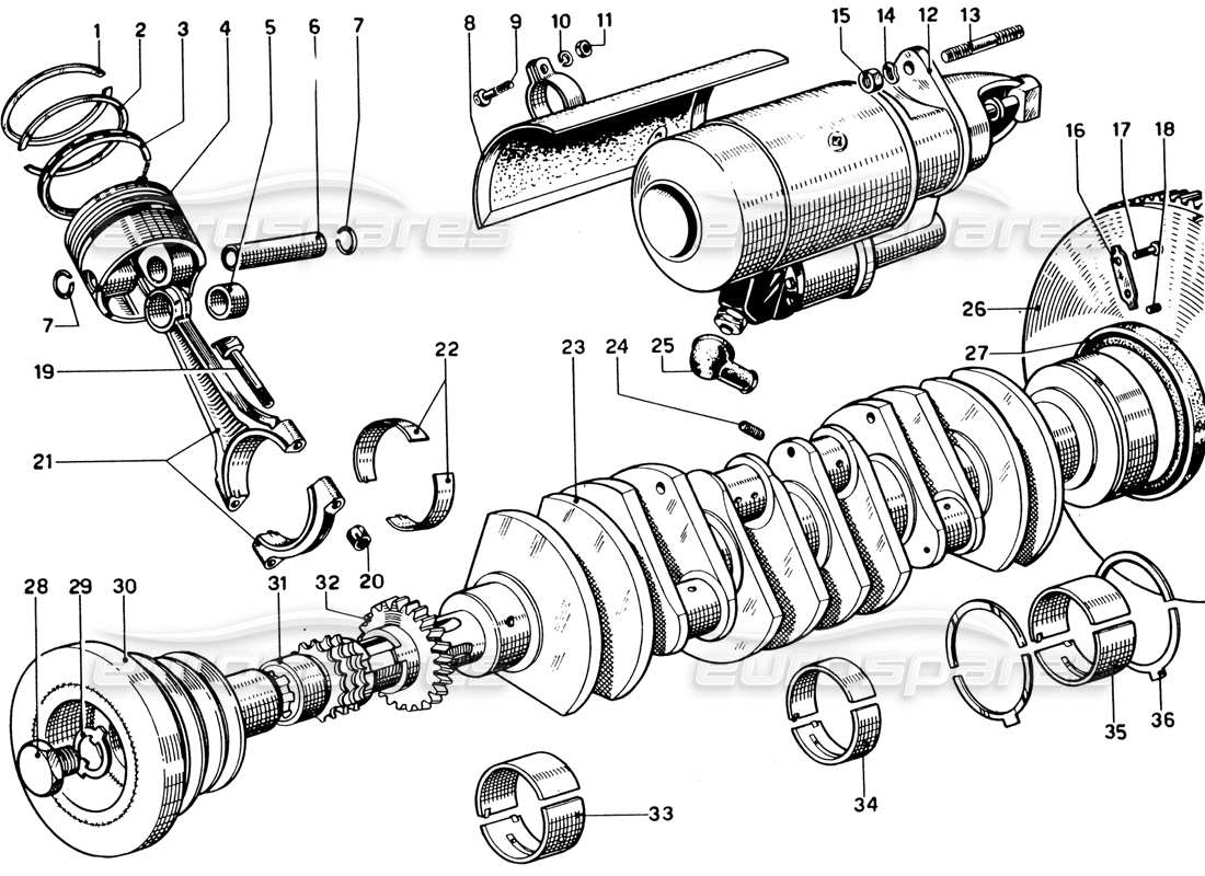 ferrari 330 gtc coupe diagramma delle parti di albero motore, bielle e pistoni