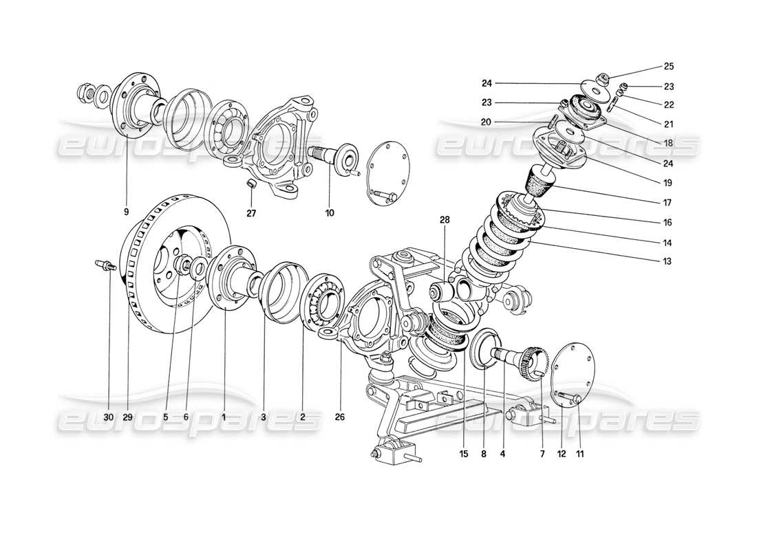 ferrari 208 turbo (1989) sospensione anteriore - ammortizzatore e disco freno (a partire dall'auto n. 76626) schema delle parti