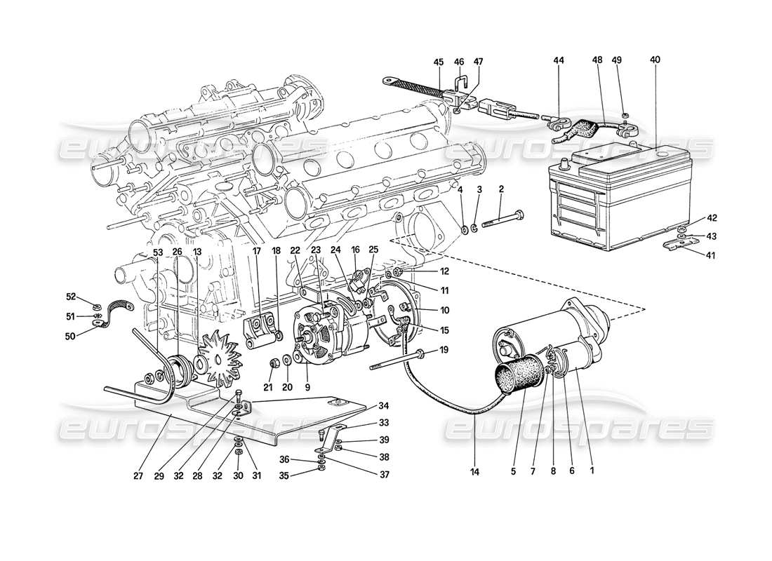 ferrari 208 turbo (1989) diagramma delle parti del sistema di generazione elettrica