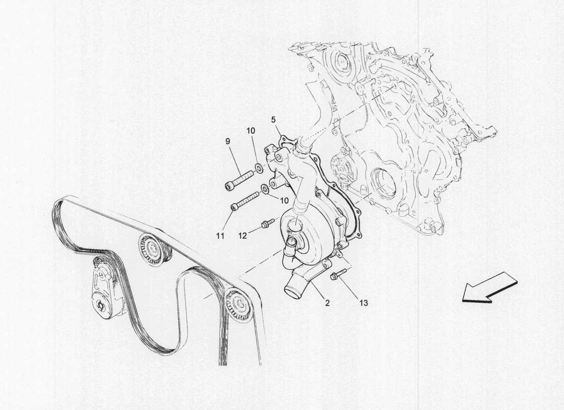 maserati qtp. v6 3.0 bt 410bhp 2wd 2017 sistema di raffreddamento: diagramma delle parti della pompa dell'acqua