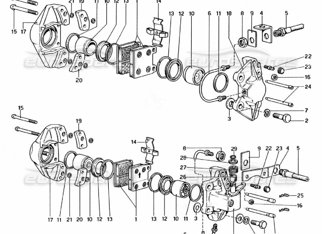 ferrari 308 gtb (1976) pinze per freni anteriori e posteriori diagramma delle parti