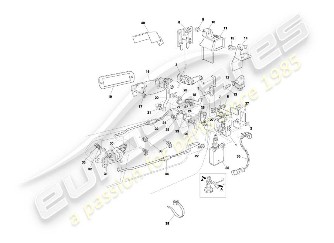 aston martin db7 vantage (2000) schema delle parti del meccanismo di chiusura della porta