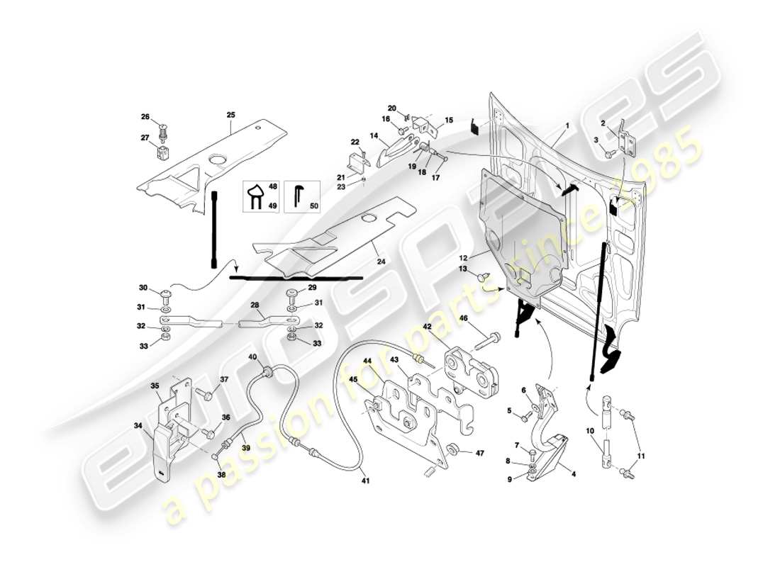 aston martin db7 vantage (2000) diagramma delle parti del cofano