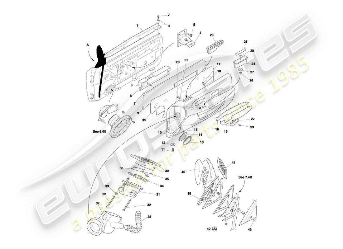 aston martin db7 vantage (2001) diagramma delle parti di involucri, raccordi e guarnizioni delle porte
