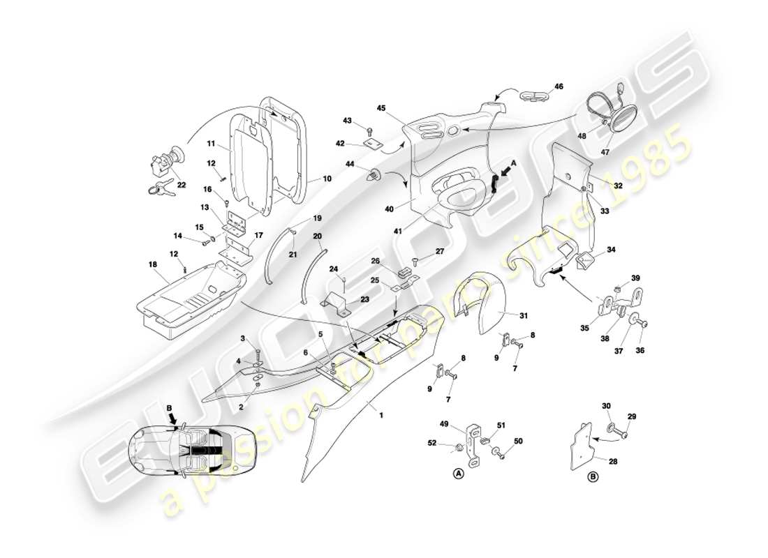 aston martin db7 vantage (2001) console centrale e finiture, diagramma delle parti volante