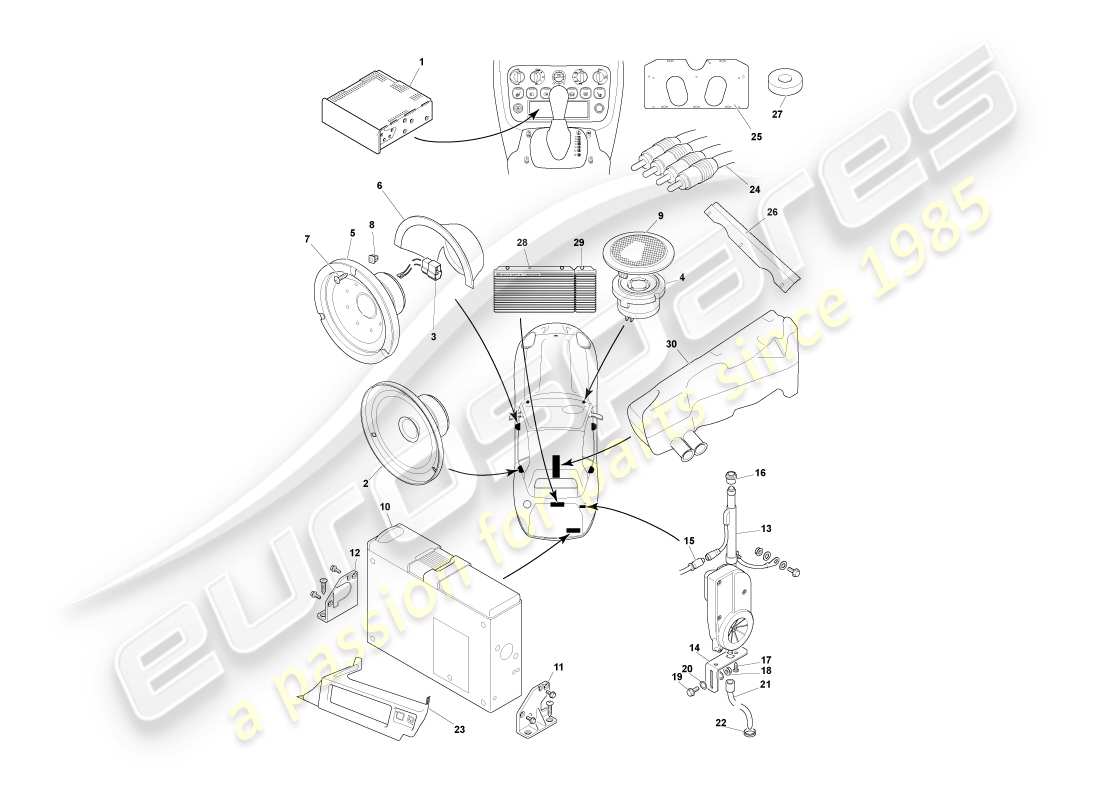 aston martin db7 vantage (2001) nel diagramma delle parti dell'intrattenimento per auto