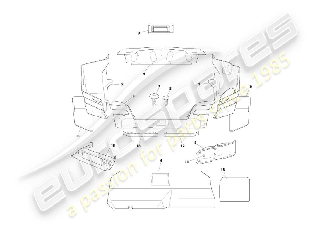 aston martin db7 vantage (2001) diagramma delle parti del rivestimento e dei tappetini del bagagliaio volante