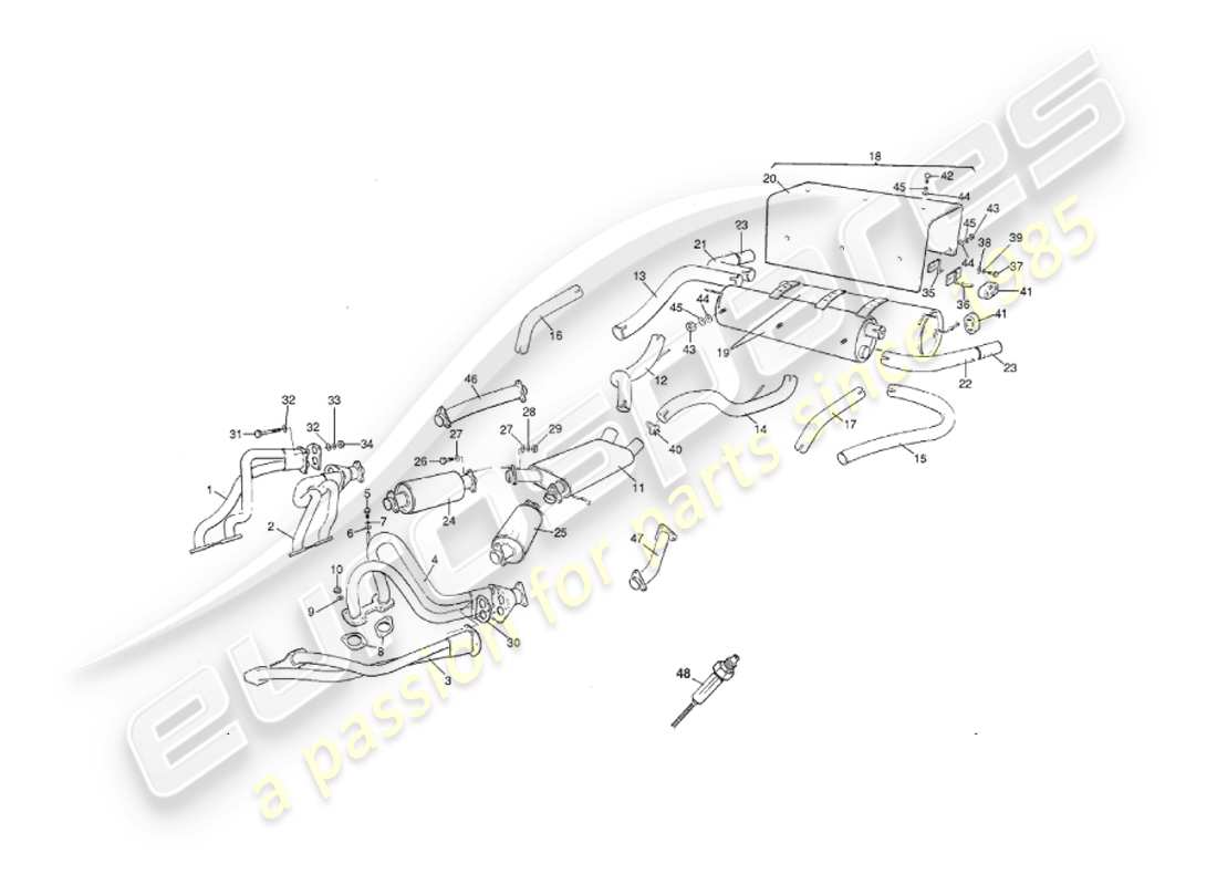 aston martin v8 virage (2000) sistema di scarico, diagramma delle parti delle prime auto