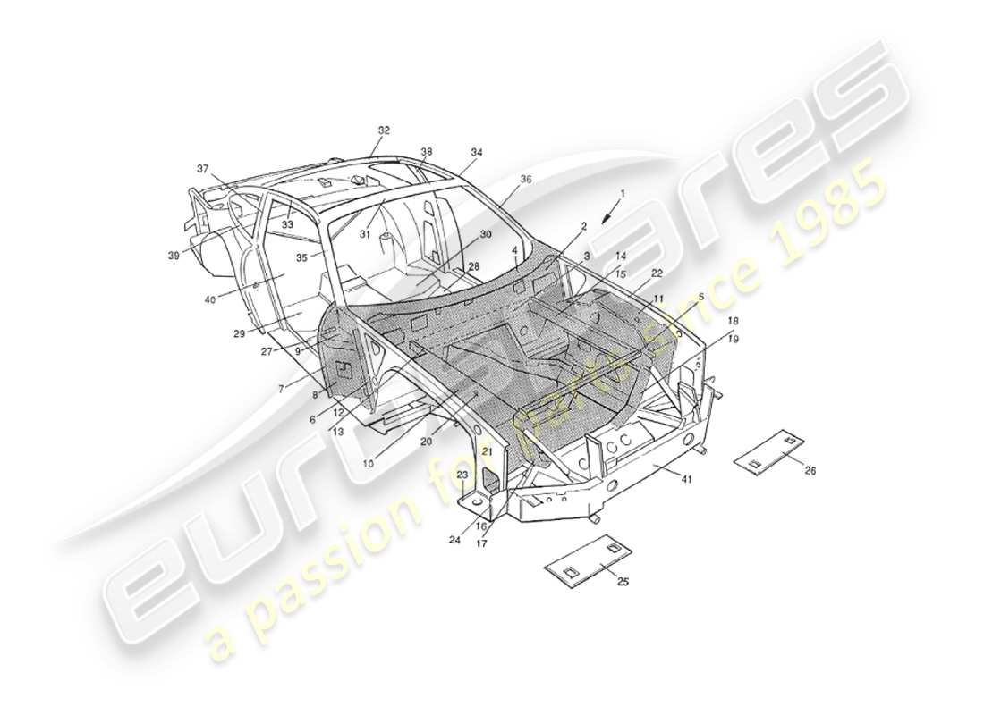 aston martin v8 virage (2000) sovrastruttura del telaio, anteriore diagramma delle parti