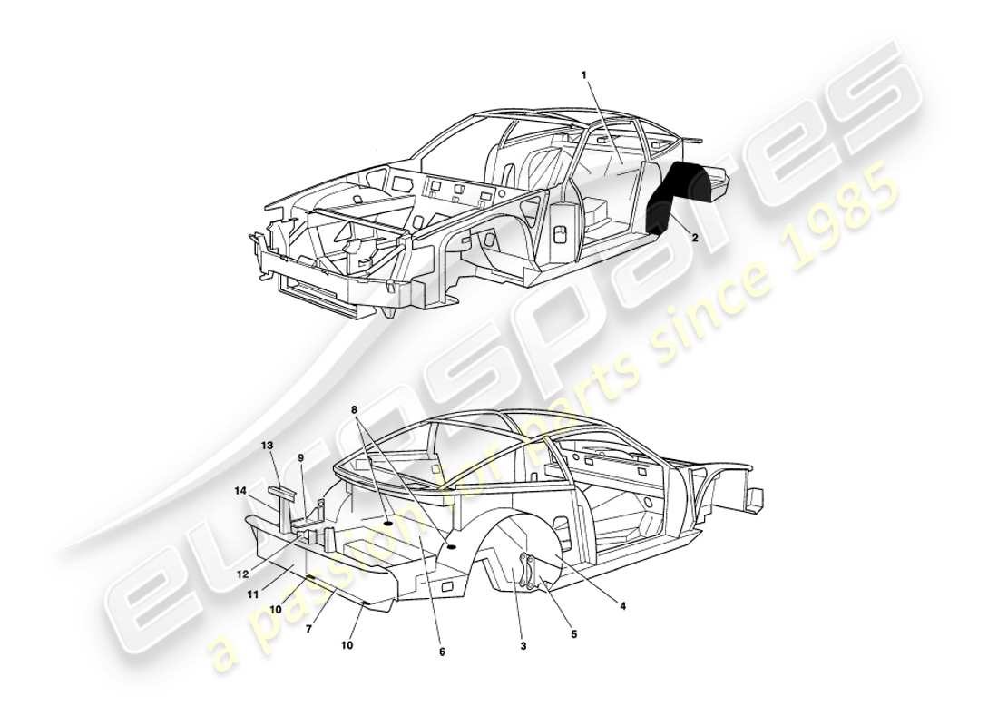 aston martin v8 coupe (2000) diagramma delle parti dei pannelli del telaio