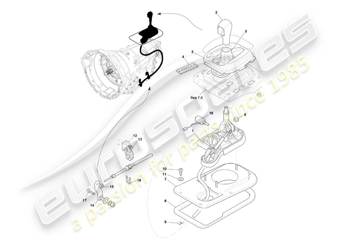 aston martin db7 vantage (2001) schema delle parti del gruppo cambio automatico e selettore marce