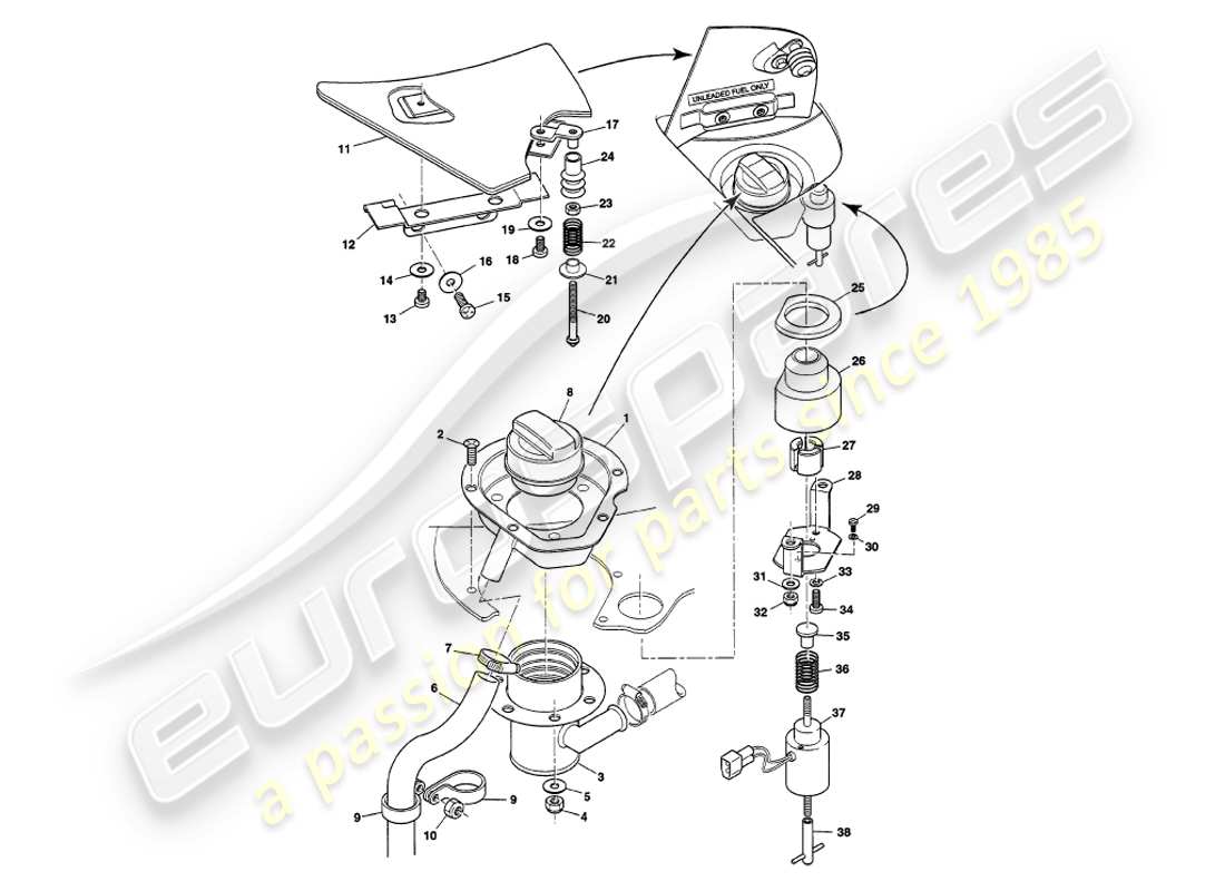 aston martin v8 volante (2000) sportelli del serbatoio del carburante diagramma delle parti