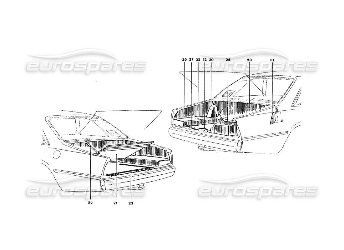 ferrari 365 gt4 2+2 coachwork rivestimento interno del bagagliaio e moquette diagramma delle parti