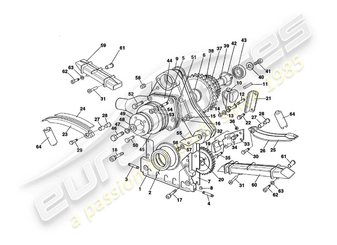 aston martin v8 volante (1997) schema delle parti della scatola della distribuzione, della pompa dell'acqua e dei pignoni