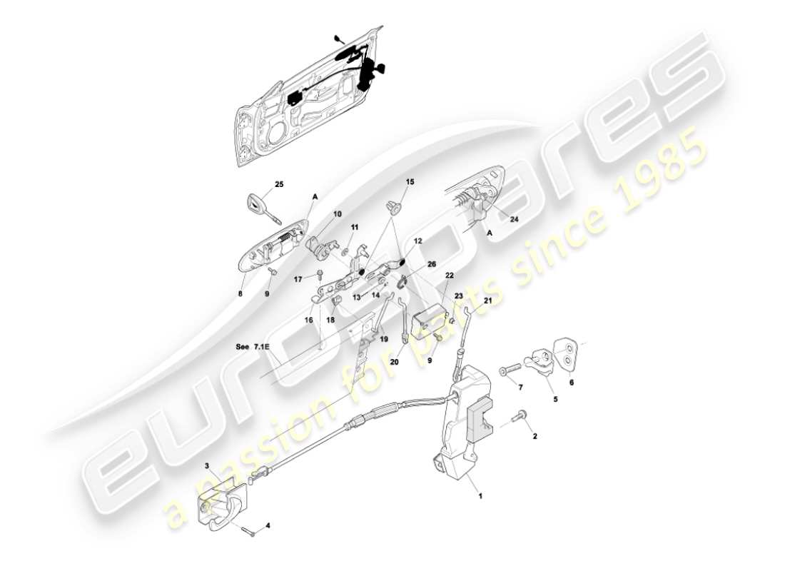 aston martin vanquish (2004) schema delle parti del meccanismo di chiusura della porta