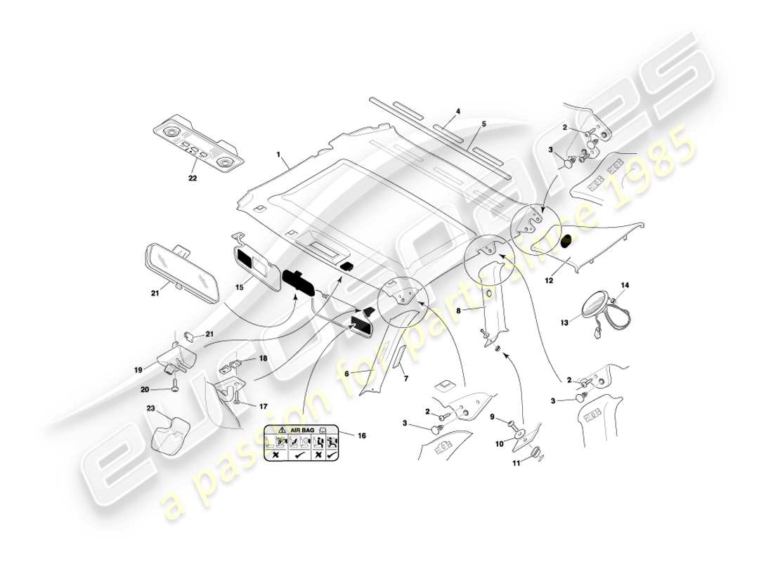 aston martin db7 vantage (2000) diagramma delle parti del rivestimento superiore e del rivestimento del tetto della coupé