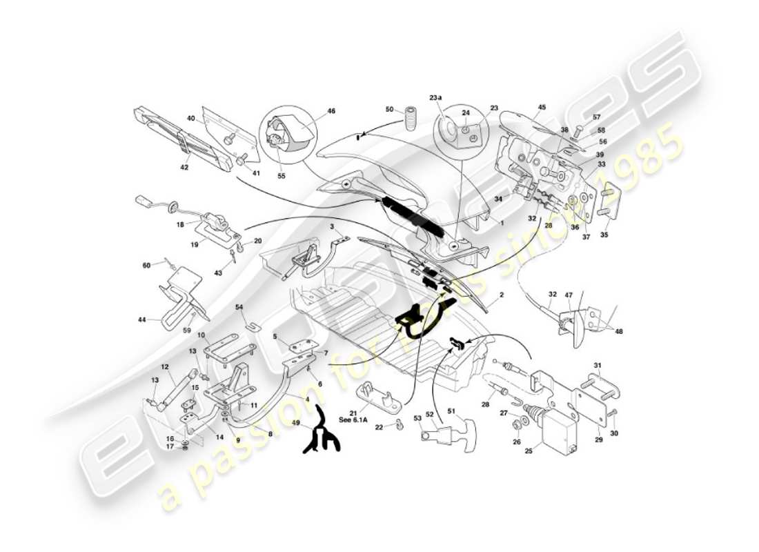 aston martin vanquish (2004) diagramma delle parti del coperchio del bagagliaio
