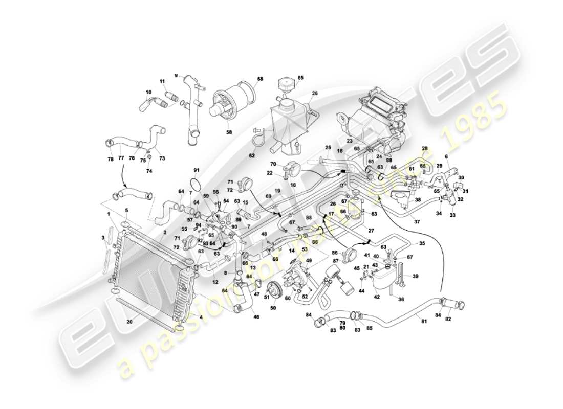 aston martin vanquish (2004) diagramma delle parti del sistema di raffreddamento ad acqua