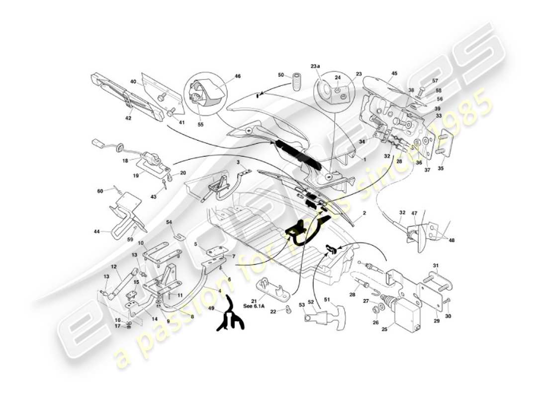 aston martin vanquish (2003) diagramma delle parti del coperchio del bagagliaio