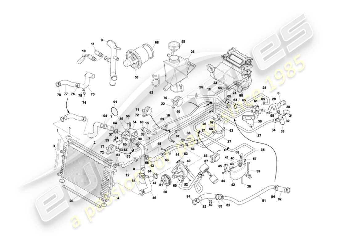 aston martin vanquish (2003) diagramma delle parti del sistema di raffreddamento ad acqua