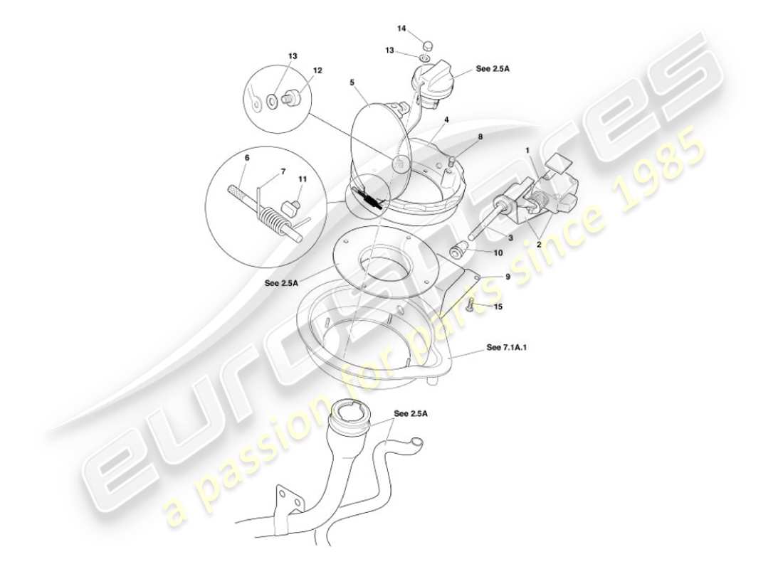 aston martin vanquish (2004) diagramma delle parti del meccanismo dello sportello del carburante