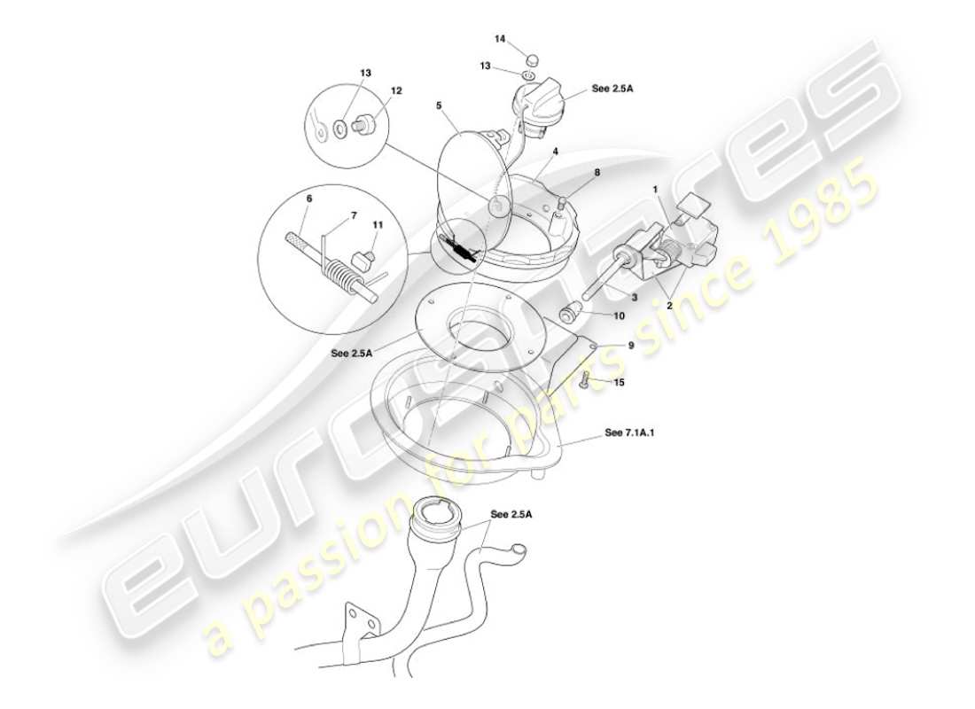 aston martin vanquish (2003) diagramma delle parti del meccanismo dello sportello del carburante