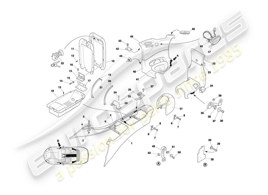 aston martin db7 vantage (2000) console centrale e finiture, diagramma delle parti volante