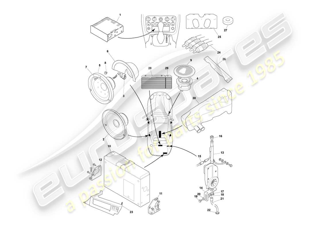 aston martin db7 vantage (2000) nel diagramma delle parti dell'intrattenimento per auto