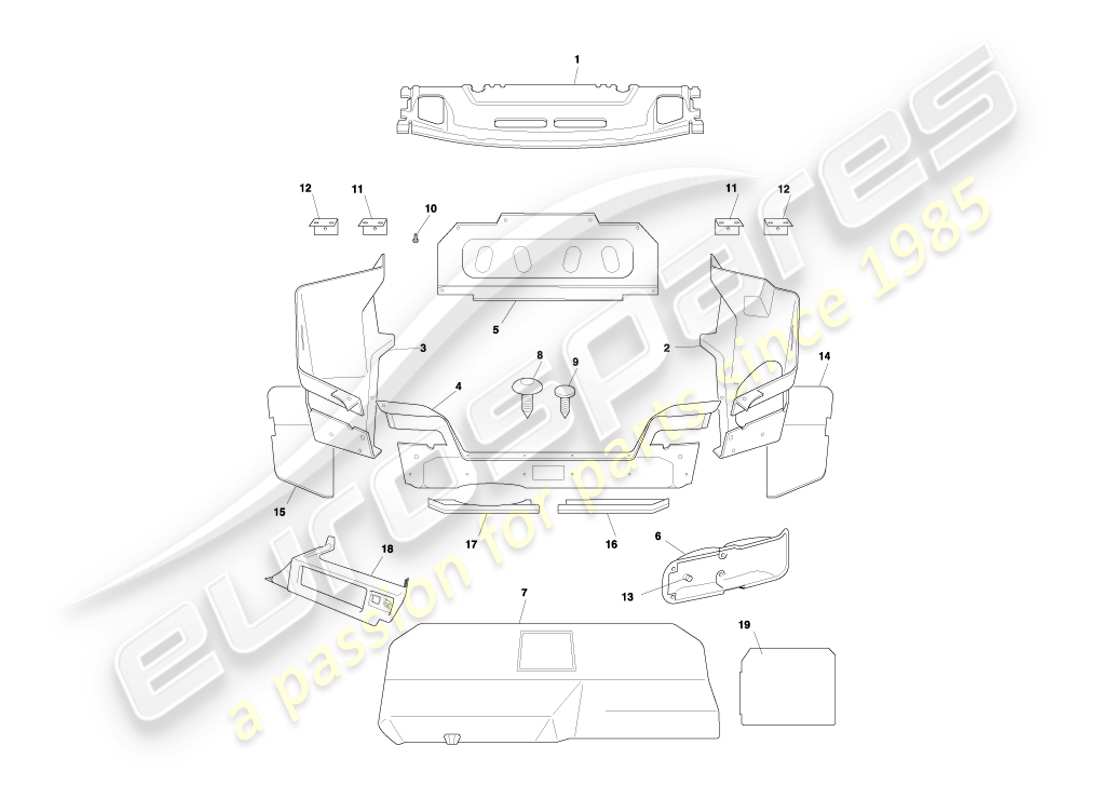 aston martin db7 vantage (2000) schema delle parti del rivestimento e dei tappetini del bagagliaio di una coupé