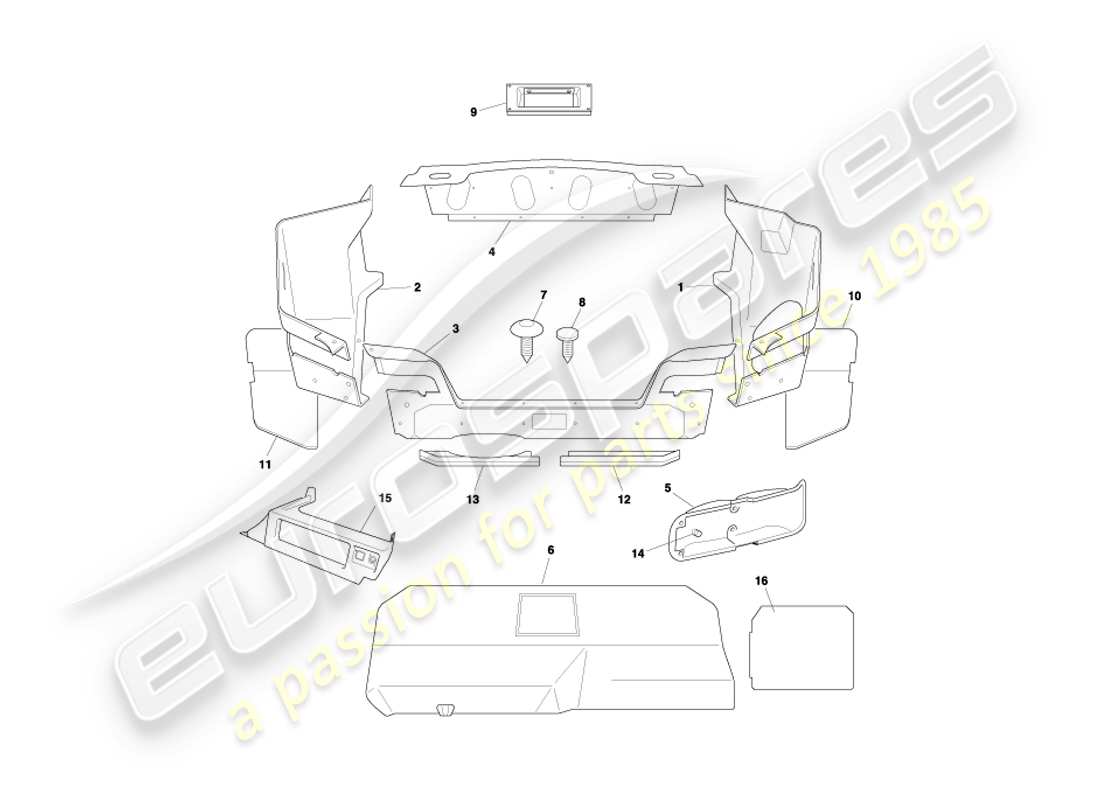 aston martin db7 vantage (2000) diagramma delle parti del rivestimento e dei tappetini del bagagliaio volante