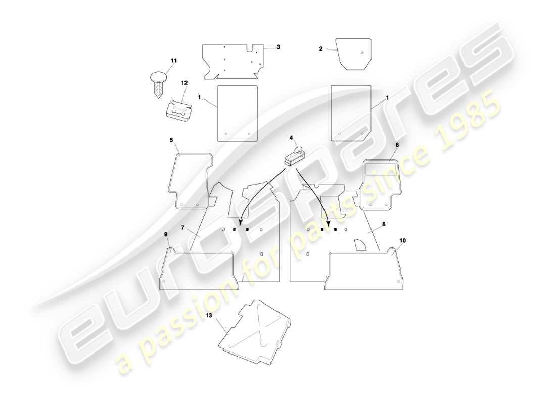 aston martin db7 vantage (2000) diagramma delle parti dei tappeti coupé