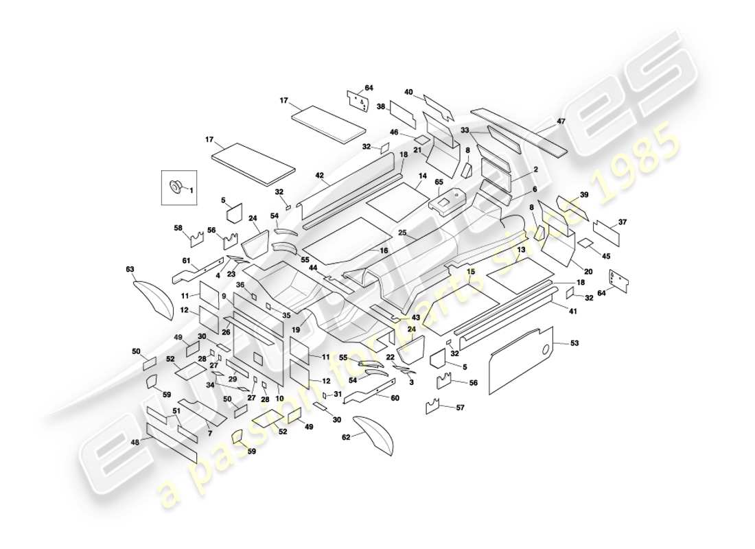 aston martin db7 vantage (2000) diagramma delle parti fonoassorbenti della coupé