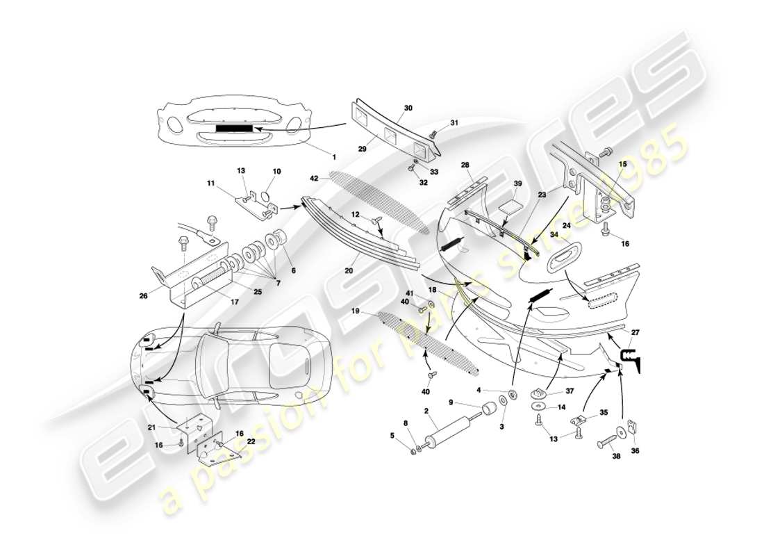 aston martin db7 vantage (2000) diagramma delle parti del paraurti anteriore e del grembiule