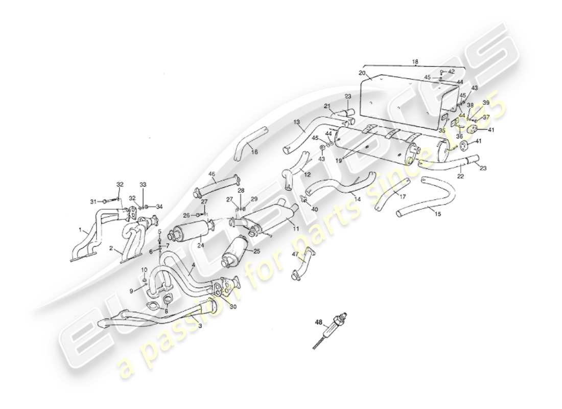 aston martin v8 virage (1999) sistema di scarico, diagramma delle parti delle prime auto