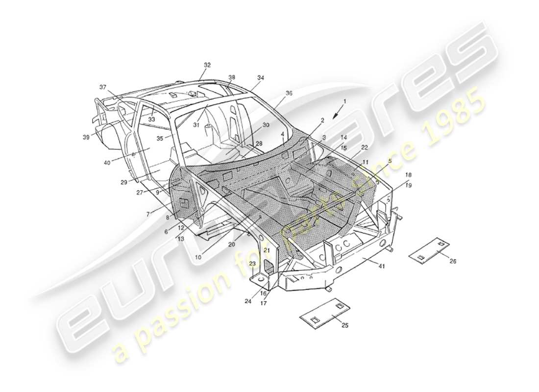 aston martin v8 virage (1999) sovrastruttura del telaio, anteriore diagramma delle parti