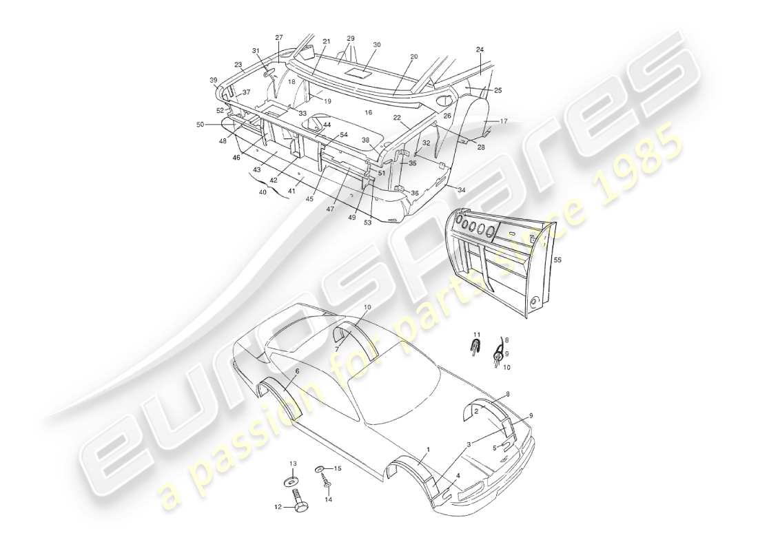 aston martin v8 virage (1999) sovrastruttura del telaio, diagramma della parte posteriore