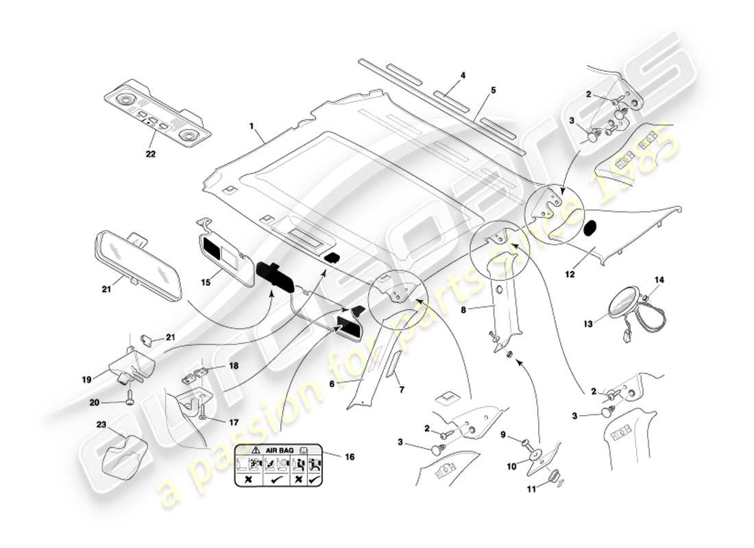 aston martin db7 vantage (2002) diagramma delle parti del rivestimento superiore e del rivestimento del tetto della coupé