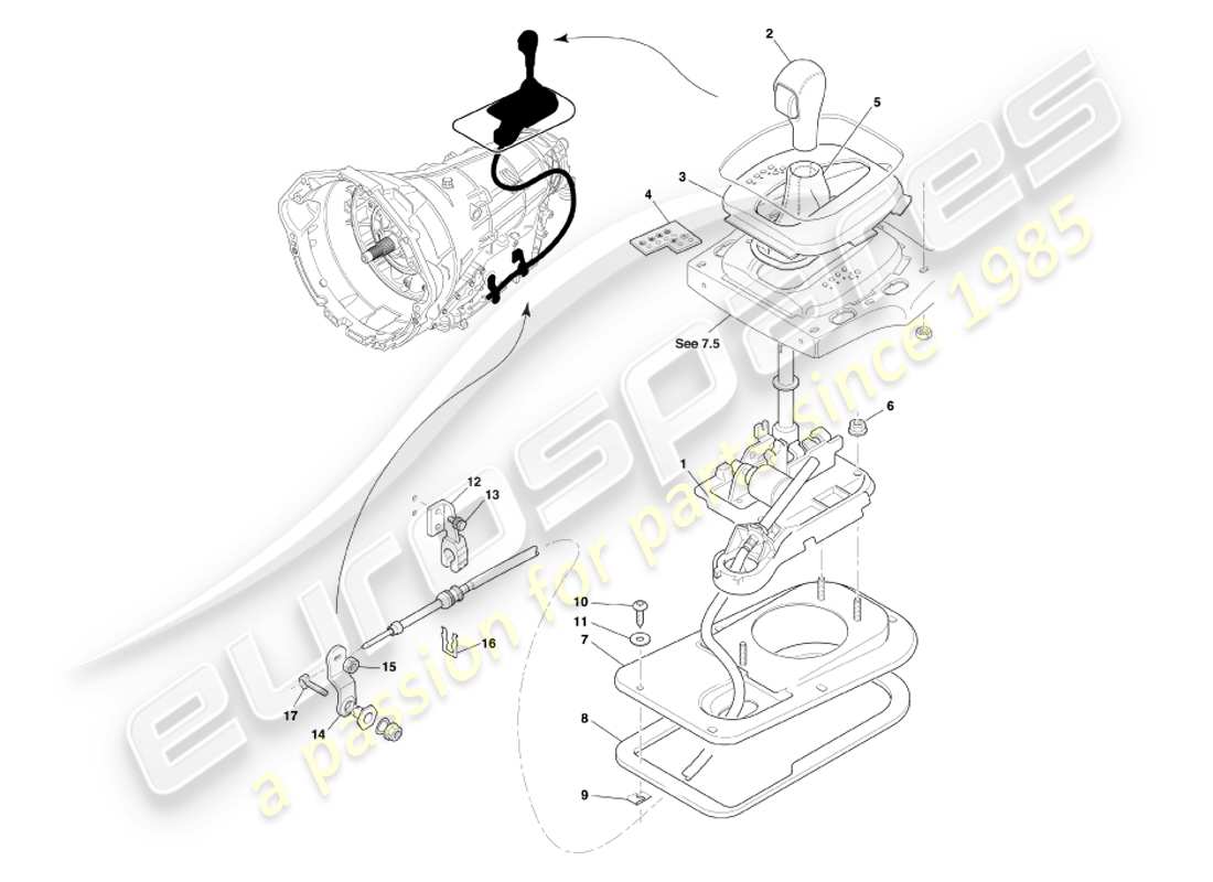 aston martin db7 vantage (2002) schema delle parti del gruppo trasmissione touchtronic e selettore marce