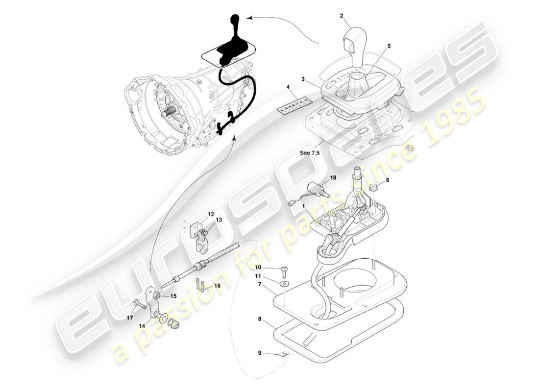 aston martin db7 vantage (2002) schema delle parti del gruppo cambio automatico e selettore marce